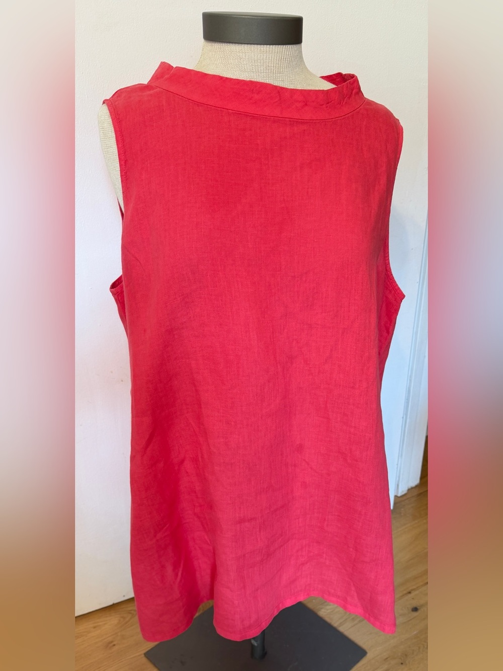 Eileen Fisher Handerkerchief Linen Polished Mock Neck Coral Red Tunic Top